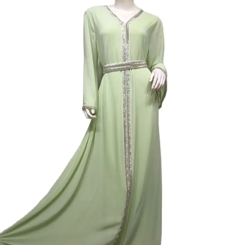 Chiffon Abaya Moroccan Kaftan Women Silver Beaded Trimmings Muslim Long Dress Gulf Jalabiya Arabic Evening Dresses Dubai Abayas