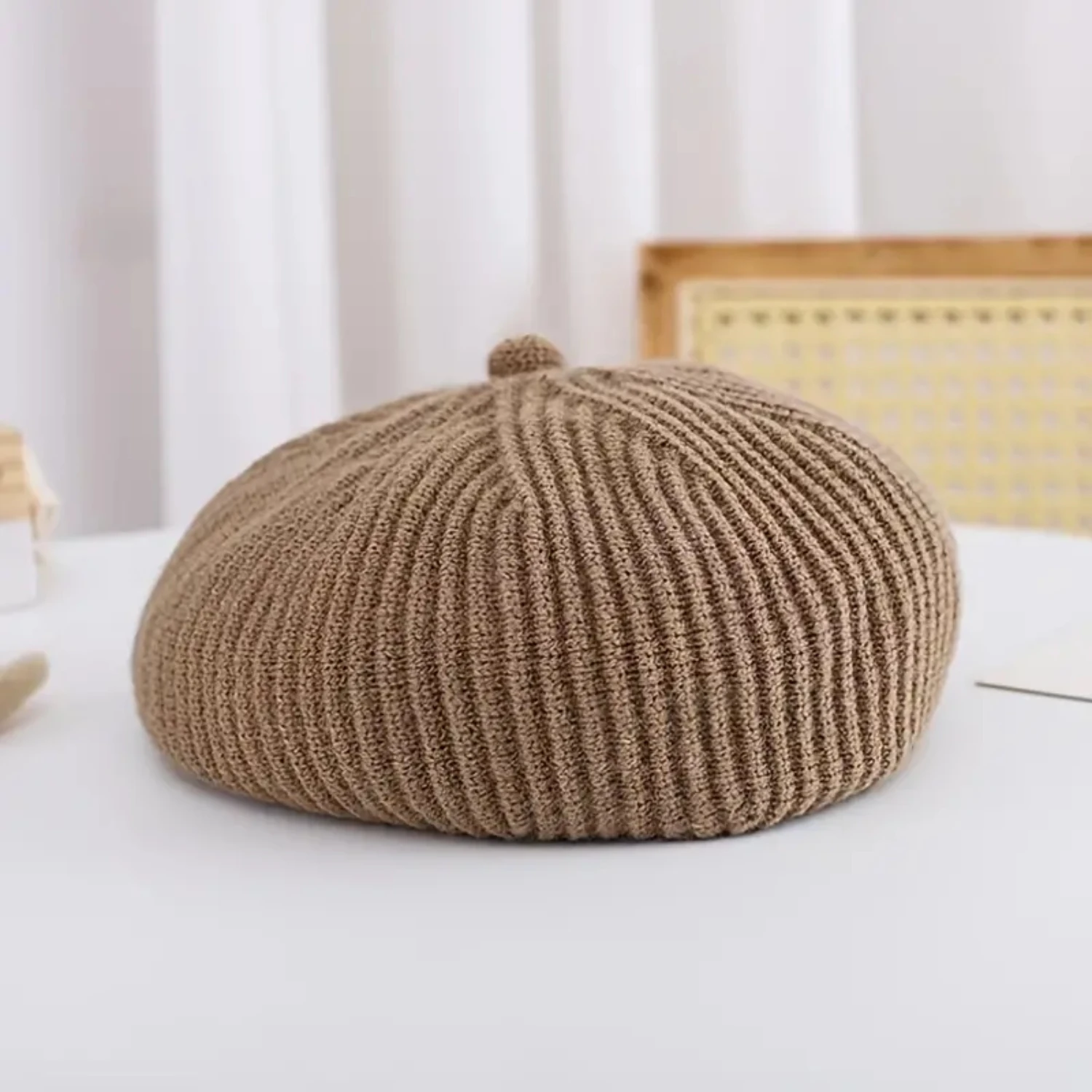 Детский берет для девочек однотонная теплая вязаная шапка зимняя