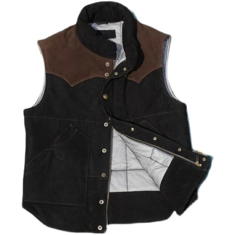 

Men's Leather Vest Goatskin Patchwork Short Slim Safari Japan Style Winter Warm Wear Unisex Sleeveless Jacket