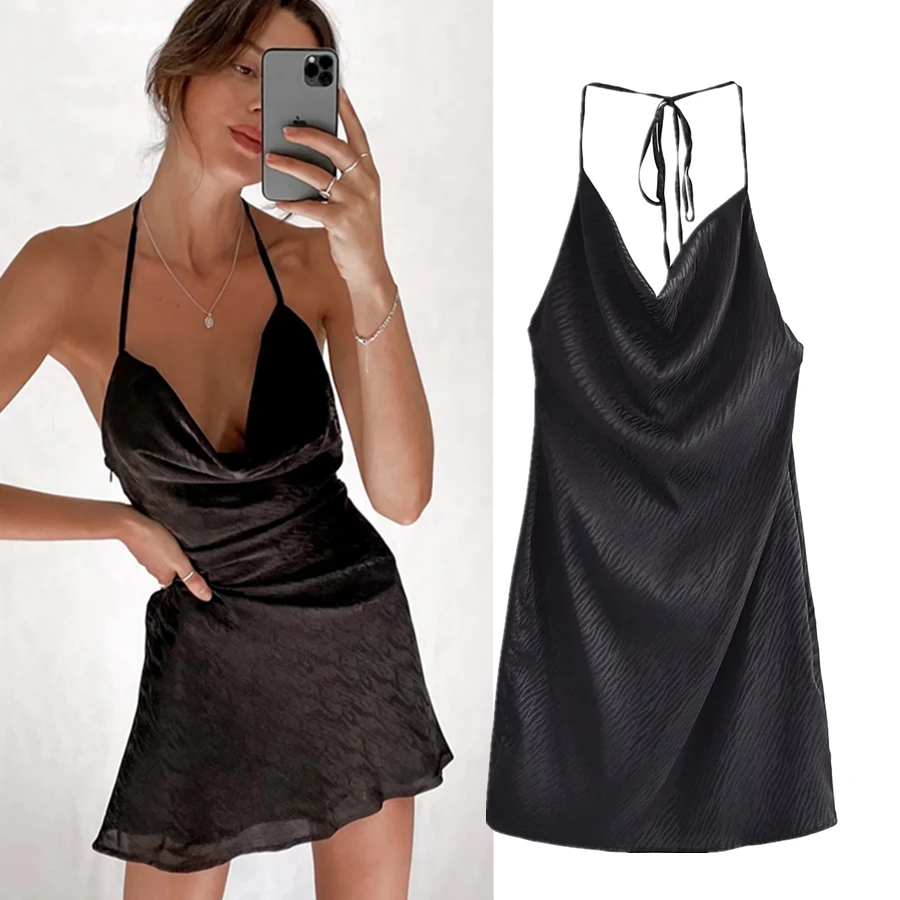 

Elmsk 2022 Ins Blogger Fashion Halter Sexy Mini Dress Women England Style High Street Satin Texture Party Strapless Dress Tops