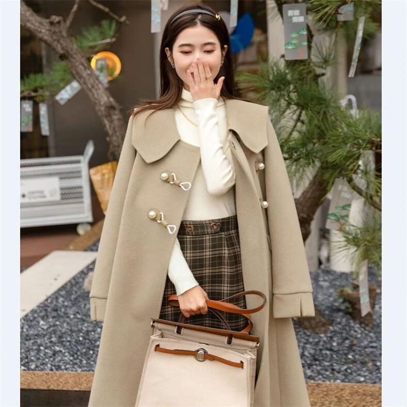 

Casual Autumn And Winter 2022 Pearl Button Design, Doll Collar Women's Age Reducing Loose Woolen Coat Medium Length