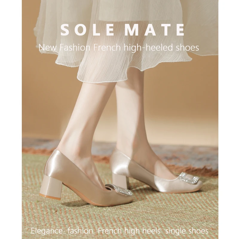 SOLEMATE Women's Genuine Leather Single Shoes, Thick Heel Rhinestone High Heels, Suitable for Wedding/Banquet Shoes