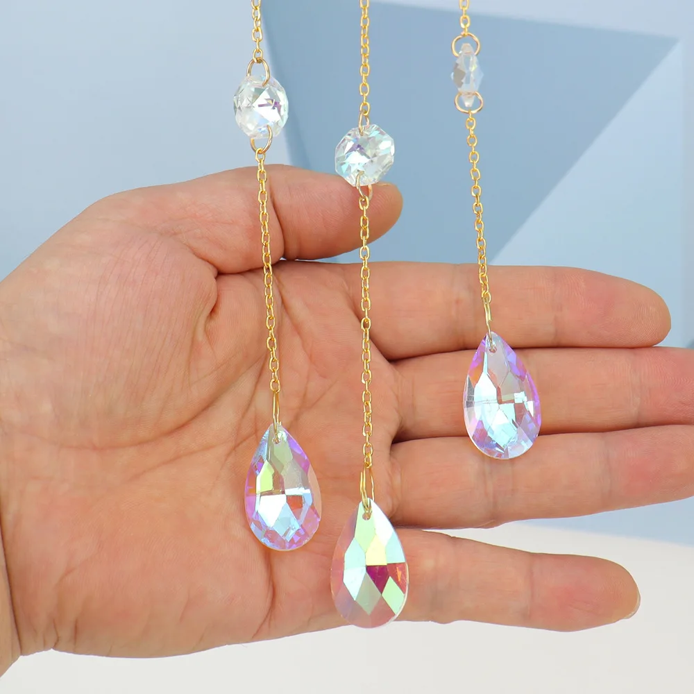 Handmade Natural Reiki Ore Amethyst Gravel Moon Sun Catcher With Glass Crystal Drop Pendant Christmas Gift Wind Chimes Hanging