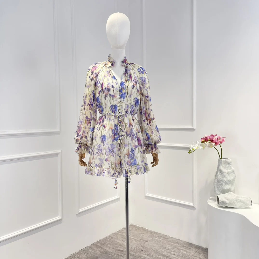 

New 2023 Spring Summer Top Quality Pure Silk Elegant Vintage Appliques Lace Up Violet Floral Printing Ruffles Woman Playsuits