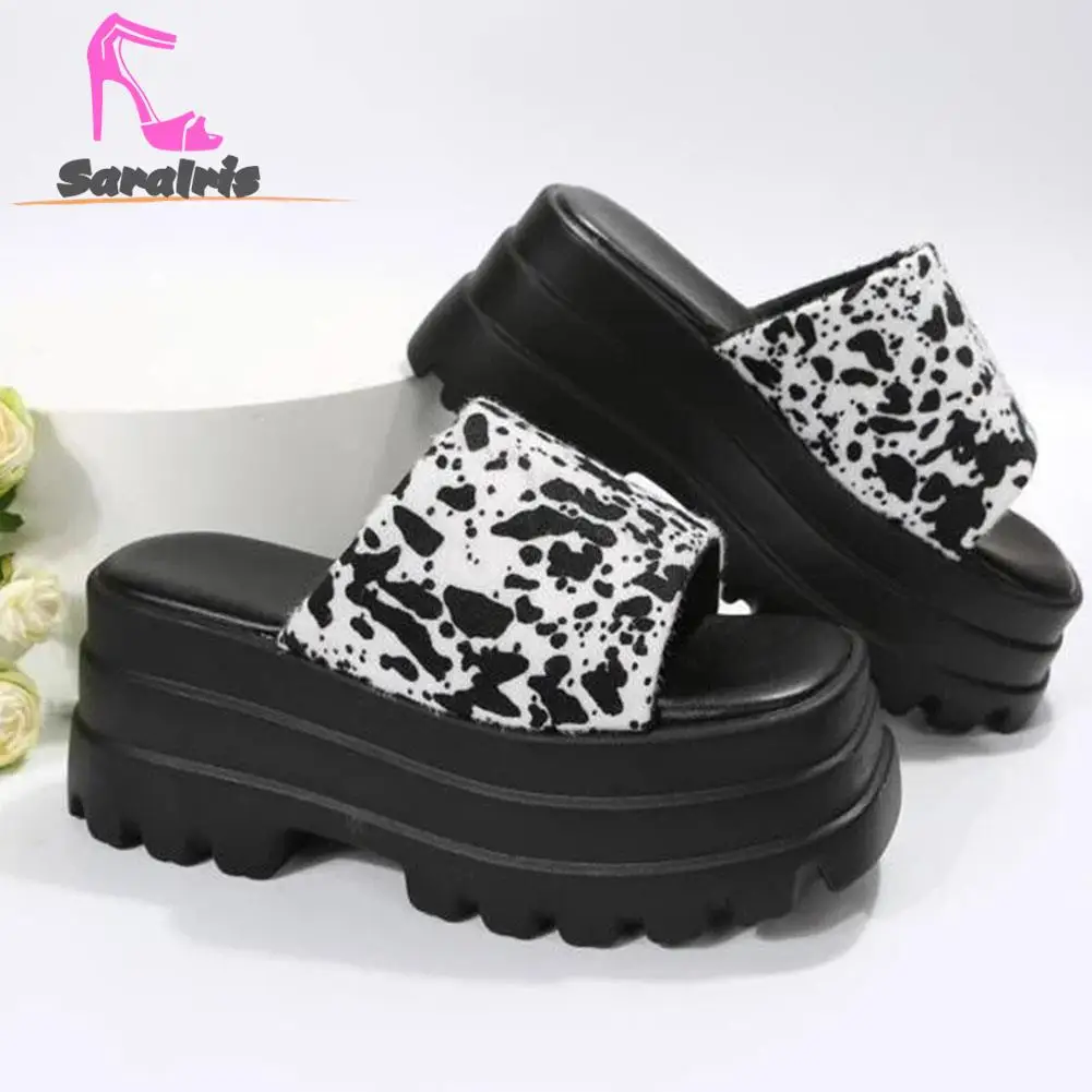 Saralris 2023 Summer Women Splatter Paint Pattern Single Platform Sandals Fashionable Comfort Outdoor Nylon Slide Slipper Shoes