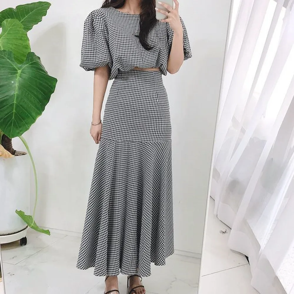 Женский элегантный клетчатый комплект из 2 предметов короткий топ с пышными