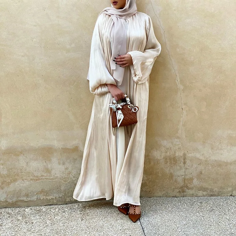 

Muslim Dress Women Abaya Middle East Dubai Hijab Cardigan Gown Satin Lace Up Bubble Sleeve Vestidos Largos Robe Femme Musulmane