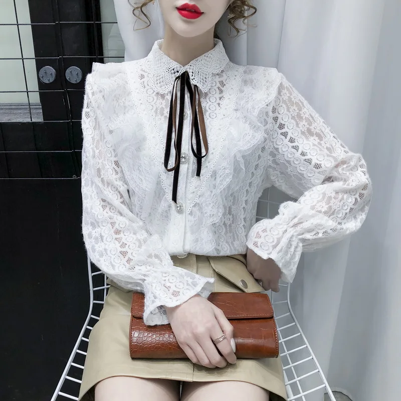 

Chiffon Loose Women's Shirt New Fashion Blouses Casual Long Sleeve Splicing Bow Tie Top Autumn