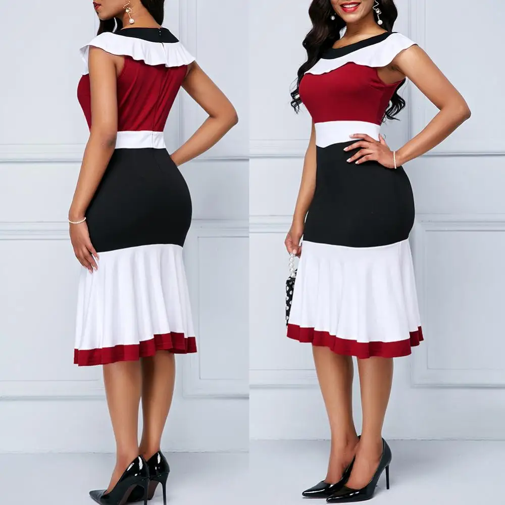 

Dress Sleeveless O Neck Bodycon woman dress Office Lady Ruffled Hem Color Block Knee-length платье летнее vestido de mujer 2020