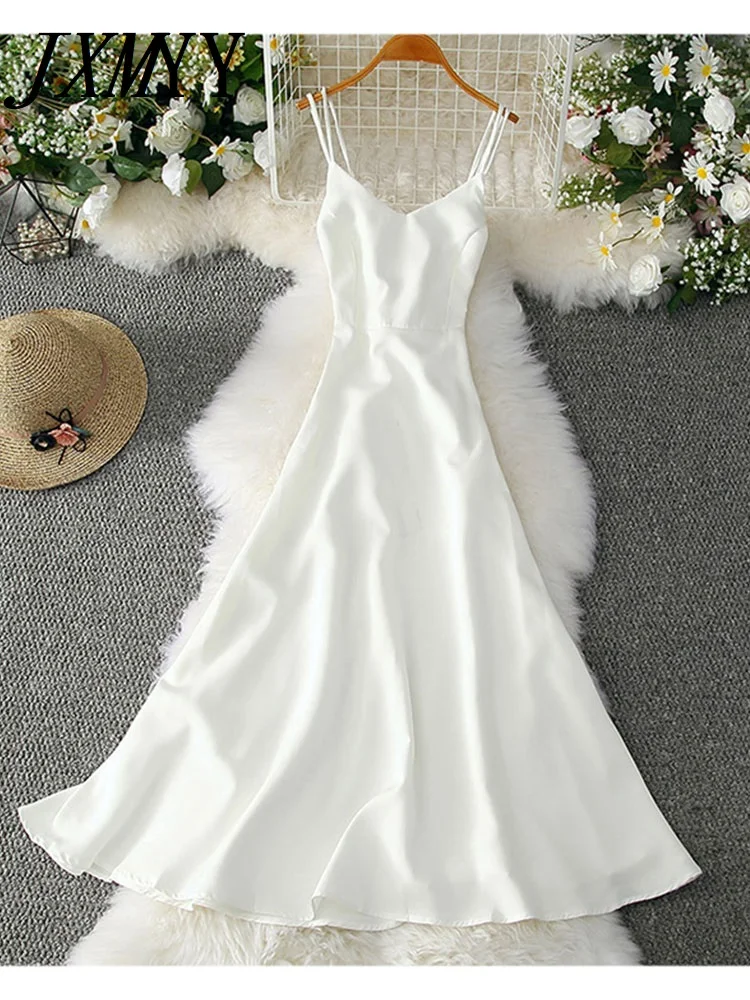 

JXMYY Women Beach Boho Strap Dress Sexy Party Club White Black Backless High Waist Dresses Casual Vacation Street Maxi Dress