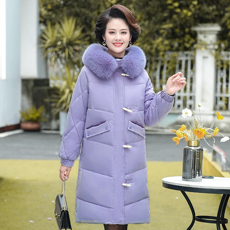 Middle-aged Women's Winter Cotton Padded Coat 2022 New Mother's Fur Collar Hooded Down Jackets Women Jackets Warm Thick Parkas