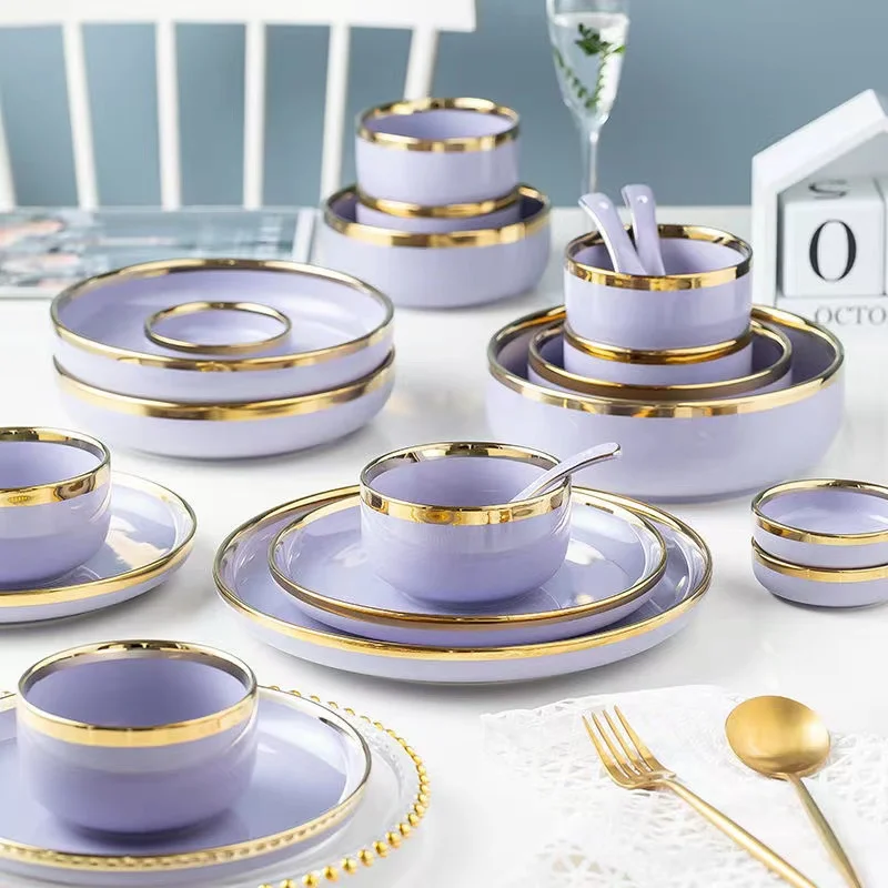 

Набор домашних тарелок и мисок в скандинавском стиле с фиолетовой золотой инкрустацией, столовая фарфоровая посуда, тарелка
