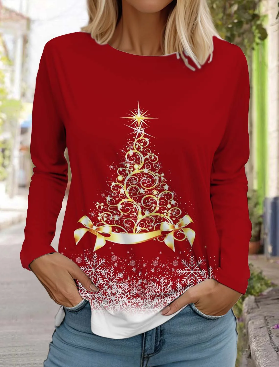 Christmas Snowflake Women's Long Sleeves T-Shirt Round Neck Autumn Santa Claus Elk Clothing Holiday Fashion Party Tops