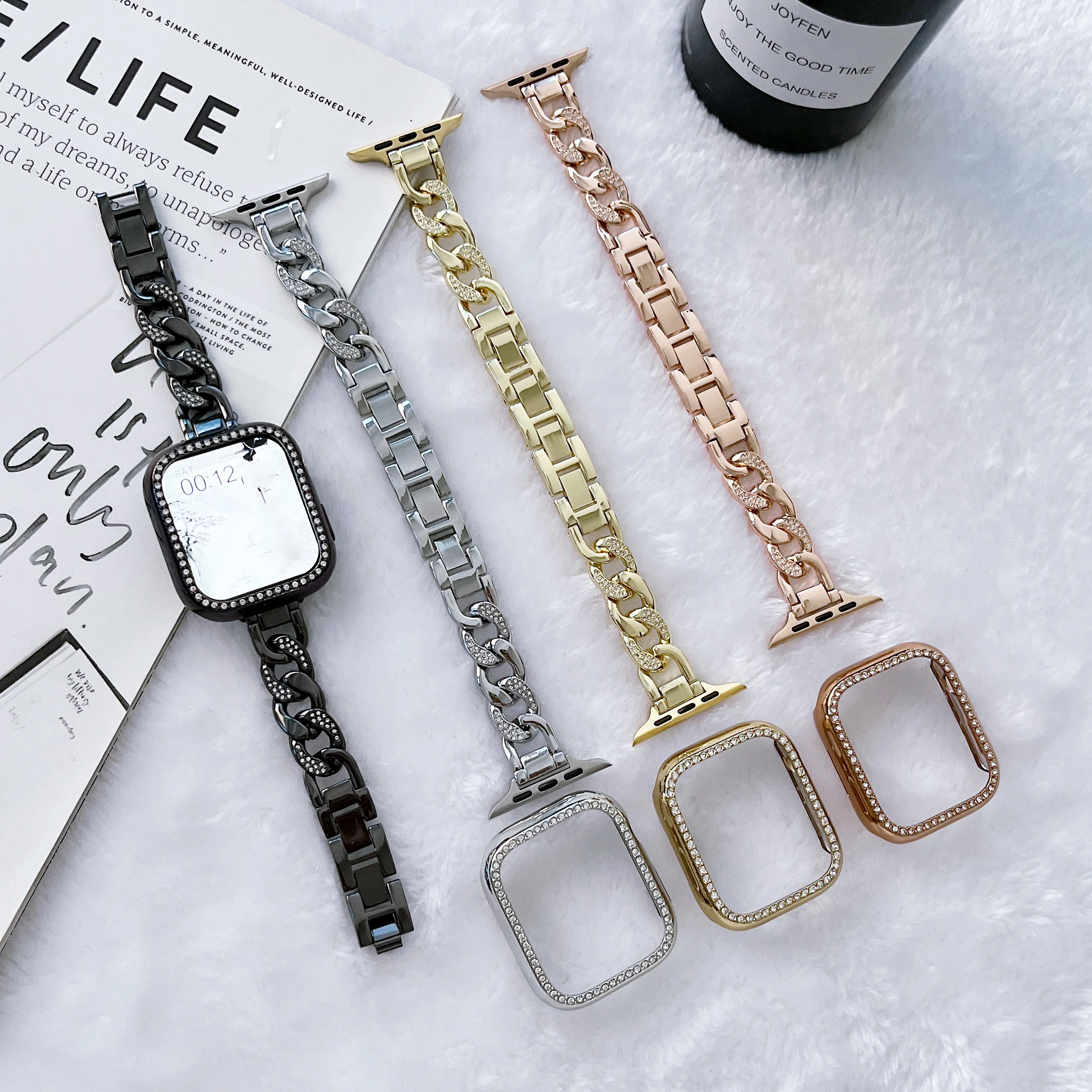 

Браслет из нержавеющей стали для Apple Watch Band 8 7 6 2 1 SE 38 40 41 мм, двойное кольцо с бриллиантами для iwatch 5 4 3 42 44 45 49 мм