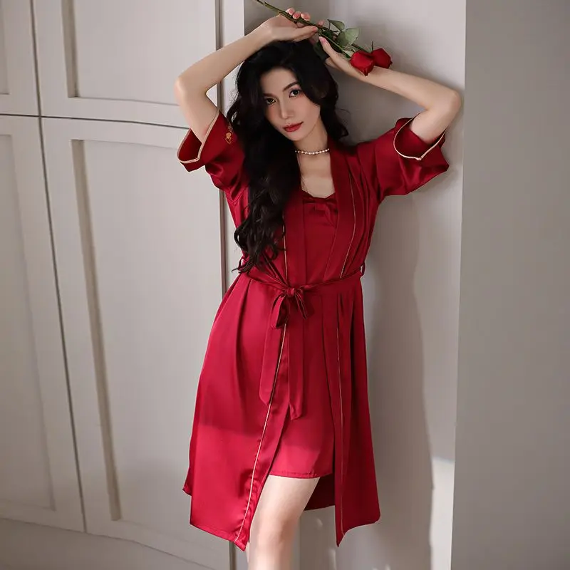 

Wedding dressing gown female the bride ice silk condole belt nightgown robe red silk pajamas age season two-piece outfit