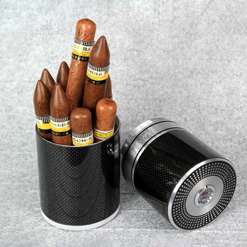 Metal Cigar Case Jar Outdoor Portable Travel Humidor Box 7pcs Cigar Tube Holder w/Humidifier Hygrometer Smoking Accessories Tool
