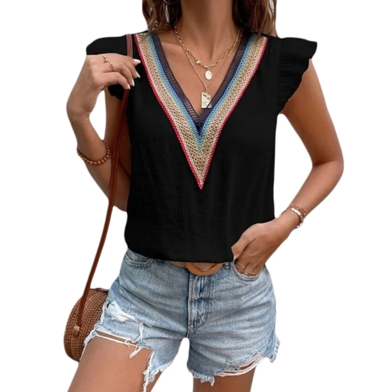 

Woman T Shirts with V Neck Ruffle Sleeve Design T Shirt Female Loose Streetwear 57BD