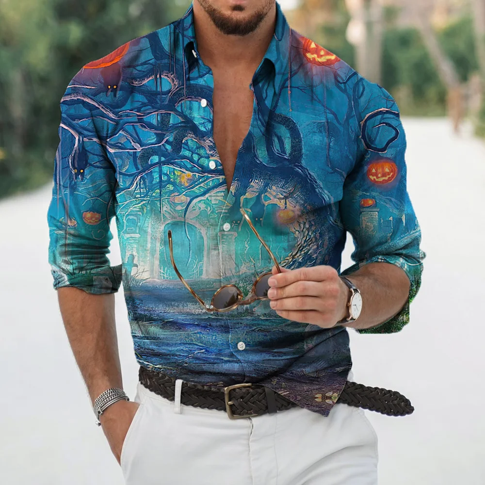 

Halloween Men's Shirts Ghost Print Blue Long Sleeve Shirts New 2022 Men's Clothing Oversized Harajuku Tops Street Vintage Blouse