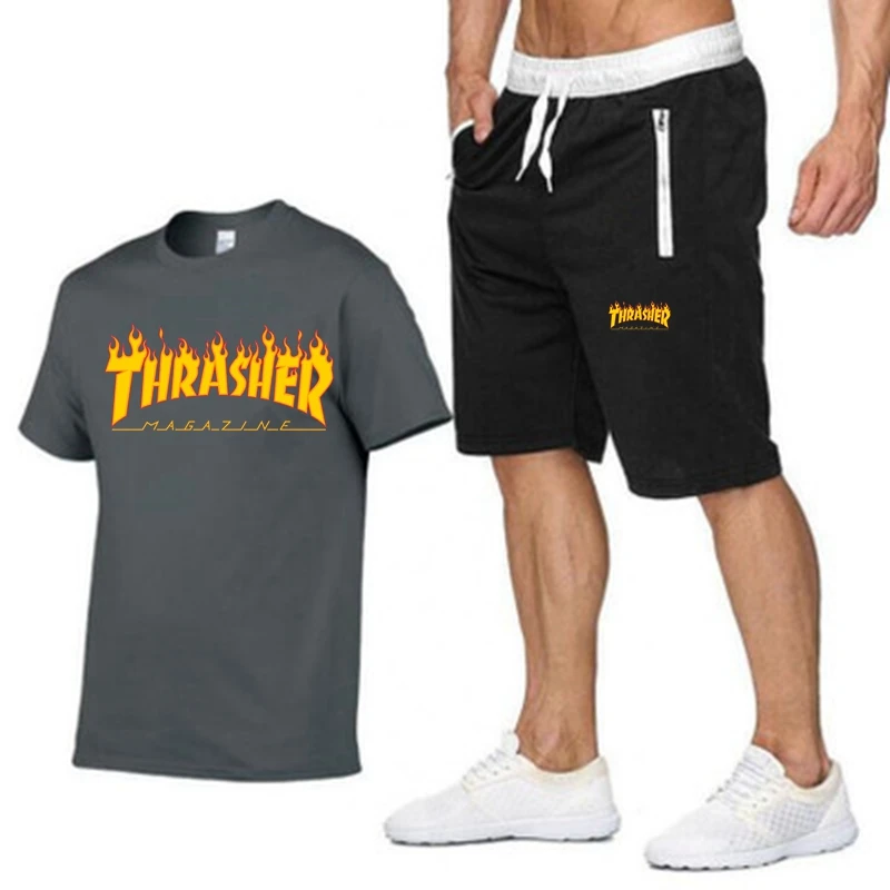 

The new 2022 THRASHER Printed High Quality Men's T-shirt + Beach Shorts Collection Summer sportswear Jogging pants T-shirt