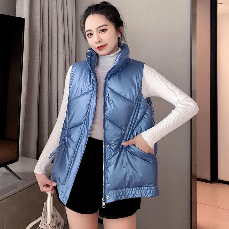 

Beardon 2022 New Autumn Winter Women Solid Loose Glossy Down Cotton Vest Stand Collar Short Vest Jacket