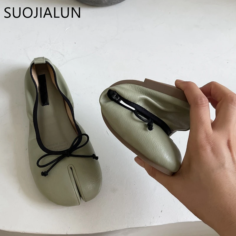 SUOJIALUN 2022 Summer 2022 Women Flat Shoes Fashion Split Toes Ladies Soft Casual Loafer Shallow Slip On Dress Ballerina Mujer
