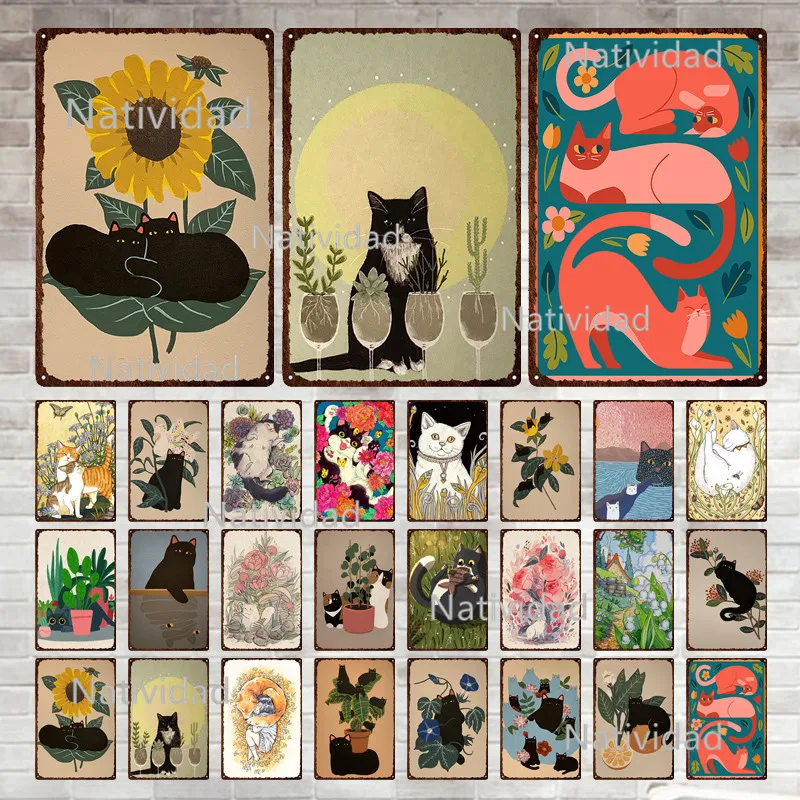 

Винтажный металлический плакат в виде черной кошки, зеленого растения, винтажный жестяной плакат, винтажный Настенный декор для бара, клуба...