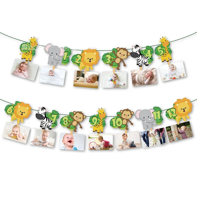 

Jungle Animal Birthday Photo Banner Kids One Year 1st Birthday Elephant Photo Garland Jungle Safari Birthday Supplies Babyshower