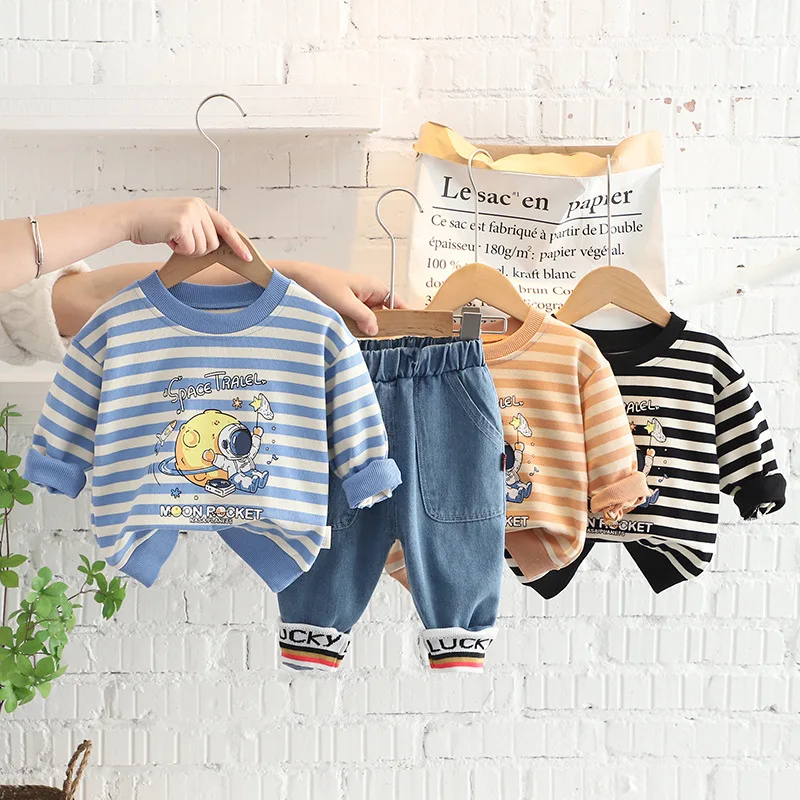 

2022 Spring Autumn Children Boys 2PCS Clothing Set Cartoon Astronaut Stripe Cotton Sweatshirts Jeans Pants Baby Boys Clothes