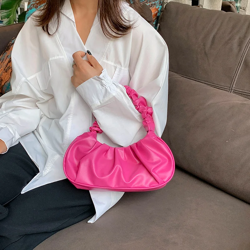 

2023 Pleated Shoulder Bag for Women PU Glossy Leather Dumpling Tote Bag Bubble Cloud Underarm Bag Solid Color Shopping Handbag