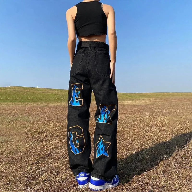 

High Waist Women Jeans Vintage Streetwear Letters Black Straight Baggy Denim Trouser Fashion Casual Autumn Ladies Wide Leg Pants