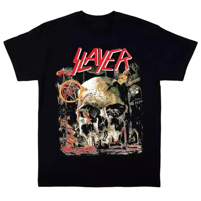 Фото Винтажная хлопковая черная футболка с надписью Slayer Band Music Tour, размер S-5XL №1