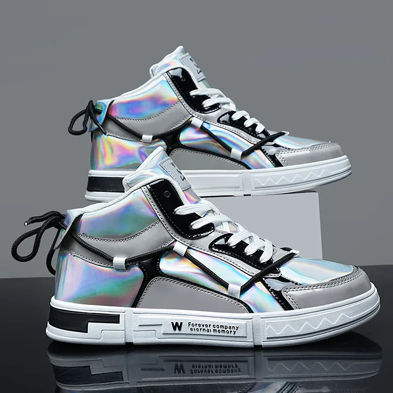 Brand Fashion Design Men's Shoes Luxury Mirror Glitter Men High top Sneakers Platform Streetwear Hip hop Men's Skateboard Shoes