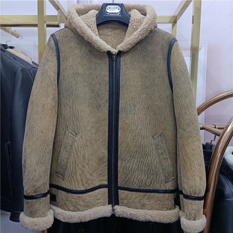 

New 2023 Winter Fashion Men Genuine Suede Leather Coat Shearing Sheepskin Jacket for Pilot Motor Hooded Oversized 4xl 5xl XXXXXL