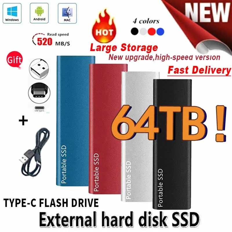 

Portable 100% Original SSD 64TB Hard Drive 1TB/2TB/4TB/16TB/64TB External SSD Hard Drive Type C USB3.1 Hard Disk USB Flash Drive
