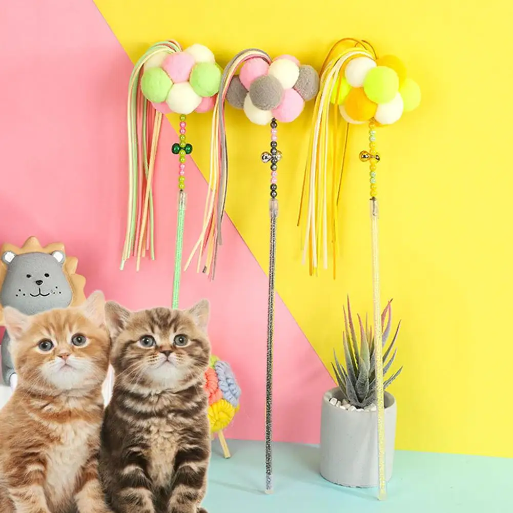 

NEW Cat Teaser Stick With Bell Pom Pom Ball Tassel Interactive Toy Kitten Wand Sticks Pet Supplies For Relieve Boredom