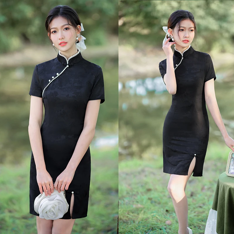 

Chinese wind cheongsam-women's black retro clothing, elegant women's clothing, festival cheongsam, sexy modern cheongsam, 2023