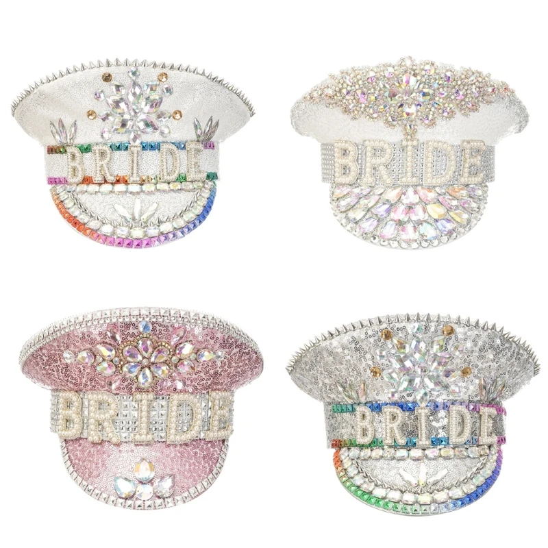 

Steampunk Flat Top Cap Women Large Brim Hat Bachelorette Party Rhinestones Hat Drop shipping