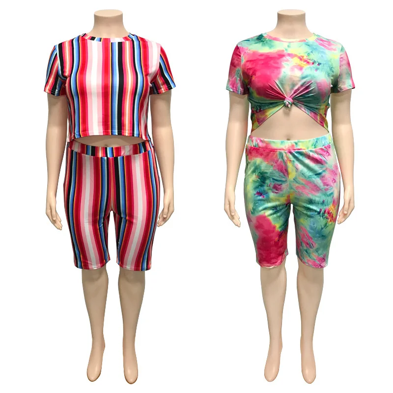 Plus Size Oversized Shorts Set for Women 5xl 4xl Outfits Striped Two Piece Sets Conjunto Feminino 2 Piece Set 3xl 4xl 5xl 6xl