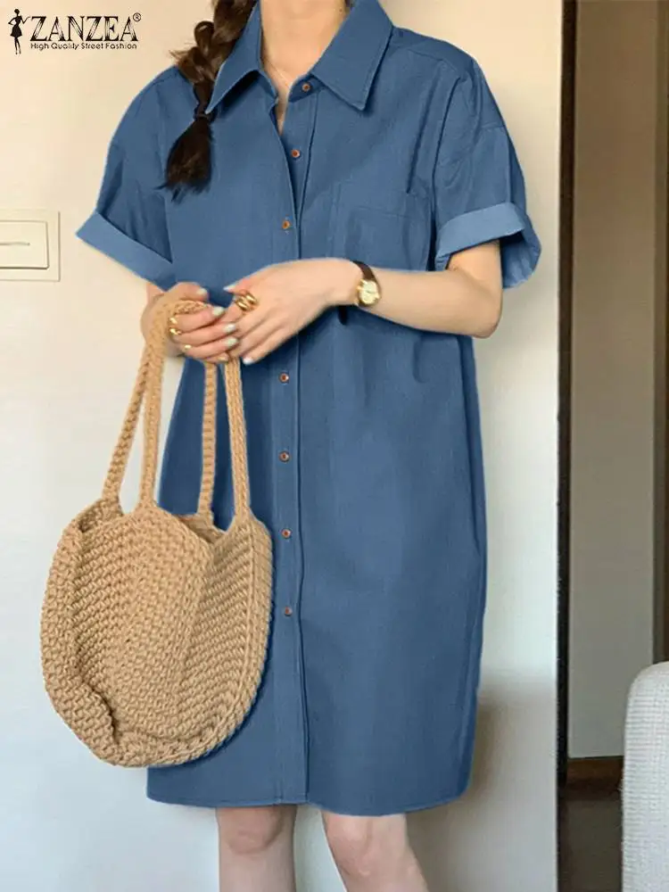 

ZANZEA Summer Lapel Neck Short Sleeve Shirt Dress Fashion Women Denim Style Sundress Casual Loose Party Vestido Robes Oversize
