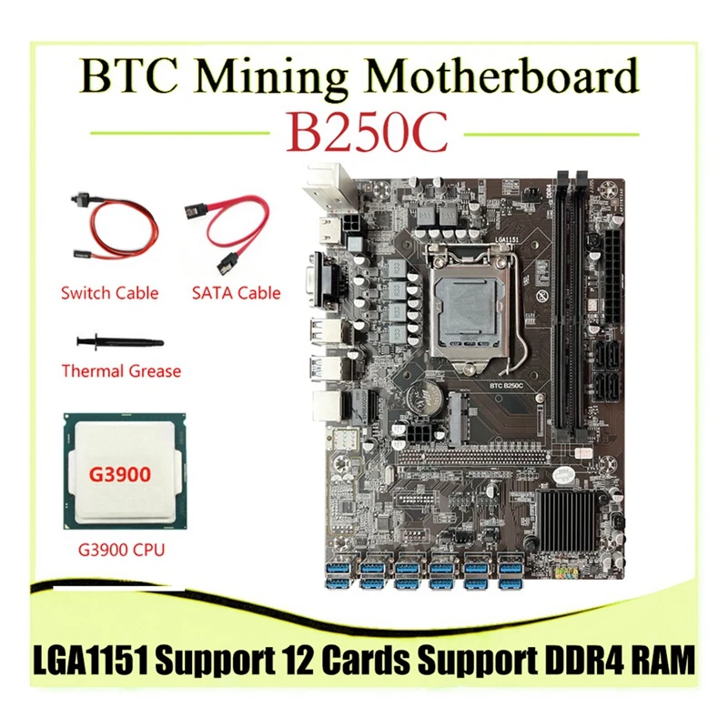 

Материнская плата B250C для майнинга BTC, 12GPU + G3900 CPU + кабель переключения PCIE в слот USB 3,0 LGA1151, поддерживает DDR4 RAM