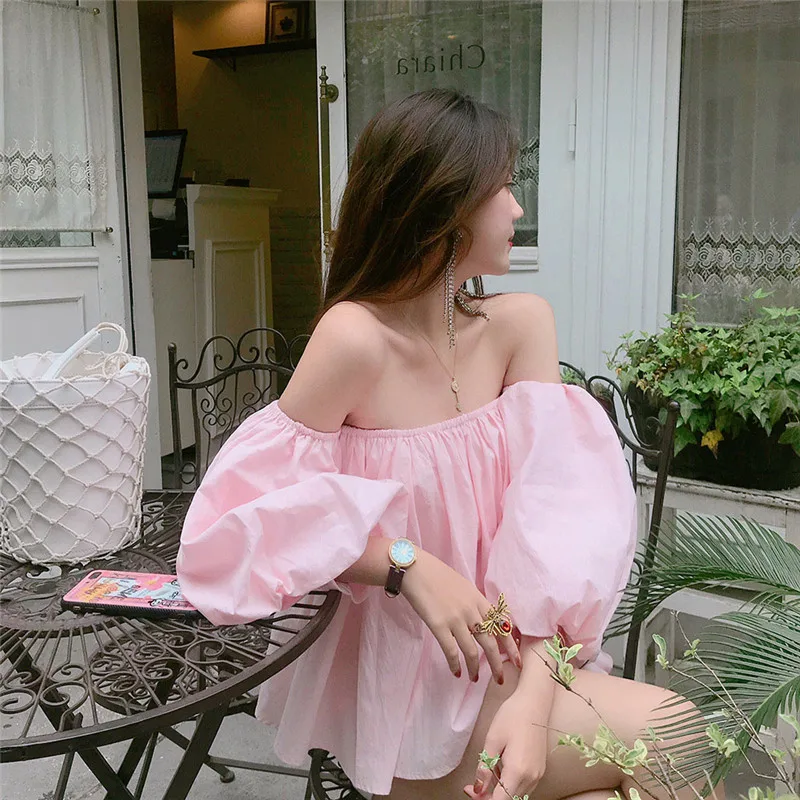 

Fashion Summer Holiday Pink White Short Shirt Sexy Girl Slash Neck Strapless Crop Top Puff Sleeve Off Shoulder Slim Chic Blouse