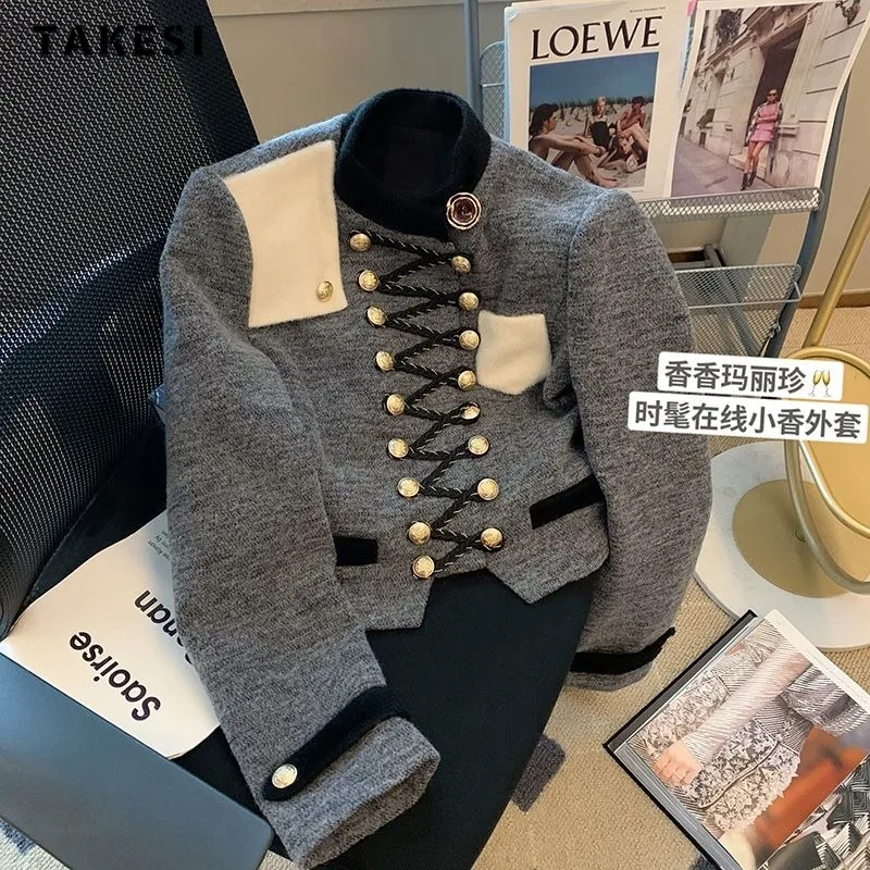 

2023 Winter Luxury Vintage Style Patchwork Round Neck Jacket For Women Retro Outerwear Casual Fashion Slim Fit Elegant Coat