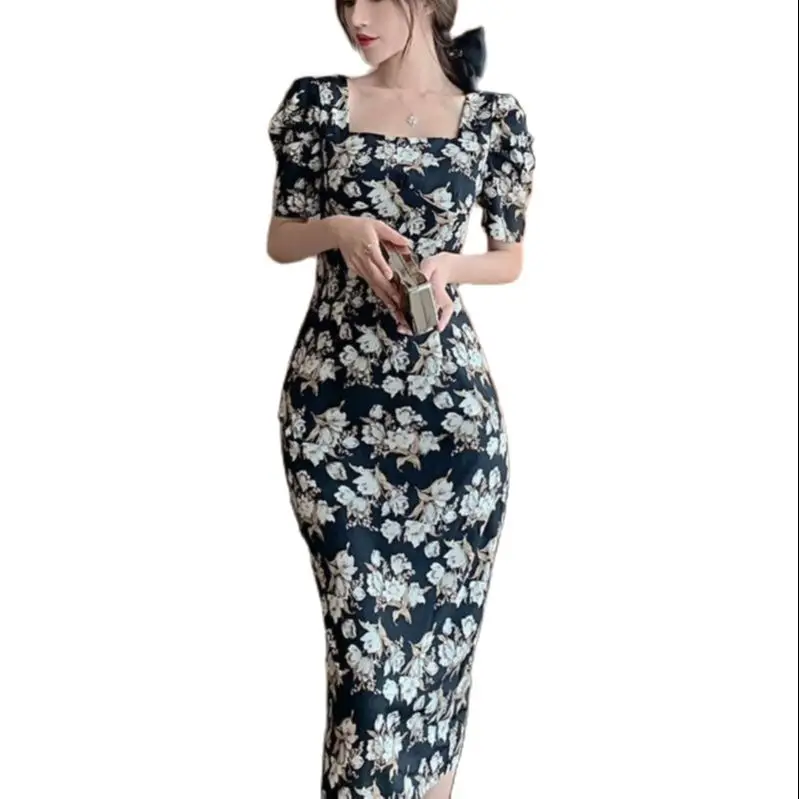 

Retro floral square collar waist slim dress slit temperament dress wrap dress female spring