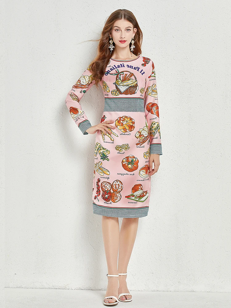 

High Quality Autumn Women Fahion Designer Midi Dress Long Sleeve Blue And White Porcelain Printed Elegant Pencil Dresses