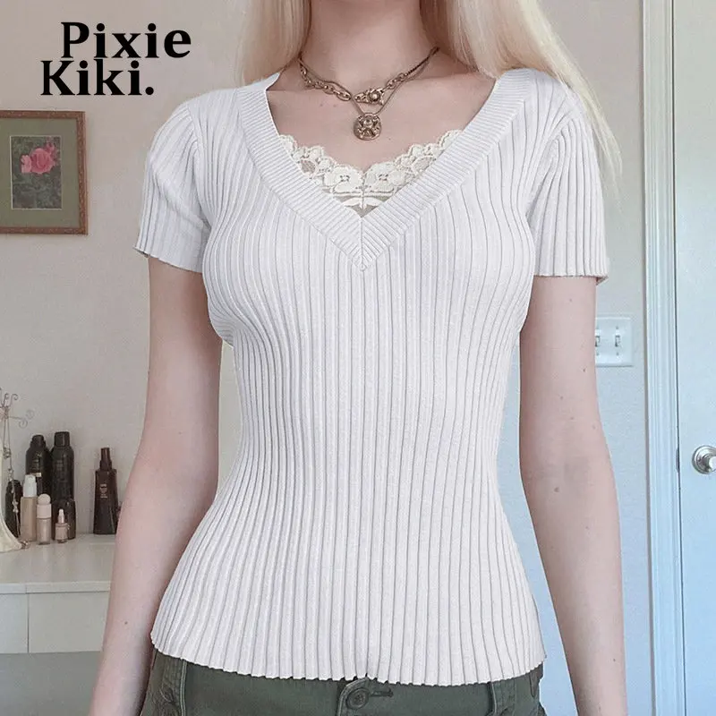 

Кокетка PixieKiki Y2k, топы с белой кружевной отделкой, с V-образным вырезом и коротким рукавом, искусственная двойка, Женская стандартная одежда