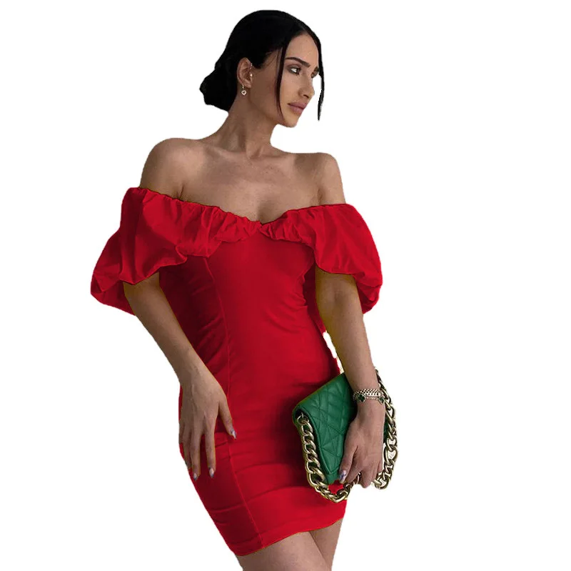 

Women's New Party Dress Fashion Casual Holiday Style Waist Wrapped Slim Design Feel Ruffled Off Shoulder Wrap Hip Dress 2023