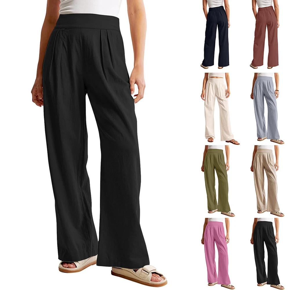 Popular Women's Pants Baggy High Waist Long Pants Cotton Linen Wide Leg Trousers Palazzo Pants Daily Streetwear
