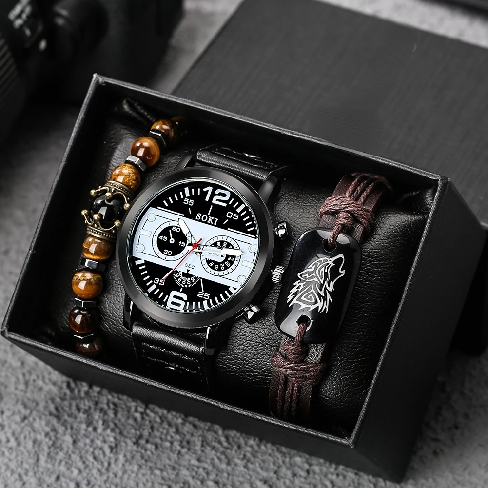Men Watch Luxury Set Wolf Bracelet Black Quartz Watches Crown Bead Bracelets Male Wristwatch Gift Boyfriend Husband Reloj Hombre