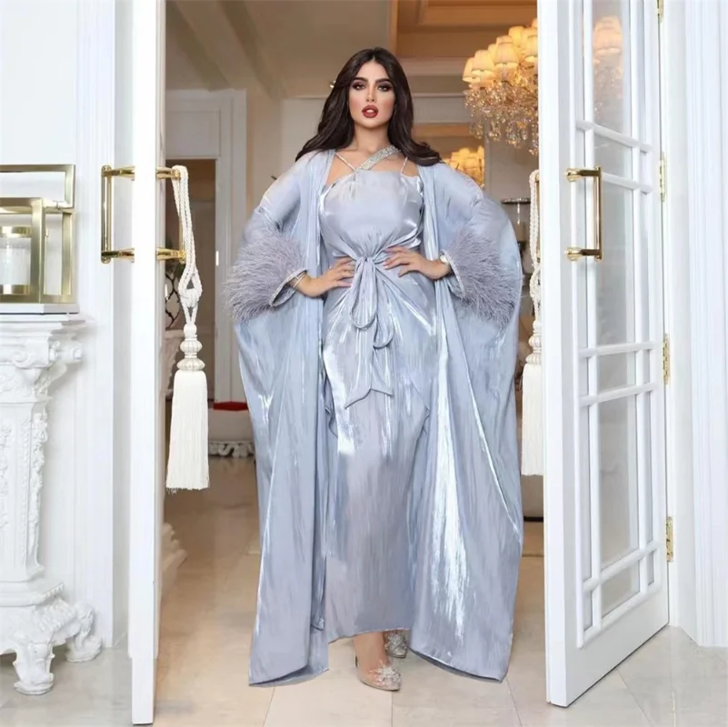 Women Muslim Sets Rhinestone Feather Sleeve Silk Satin Solid Color Open Front Outerwear Abaya Turkish Dress 3pcs Arabic Clothes