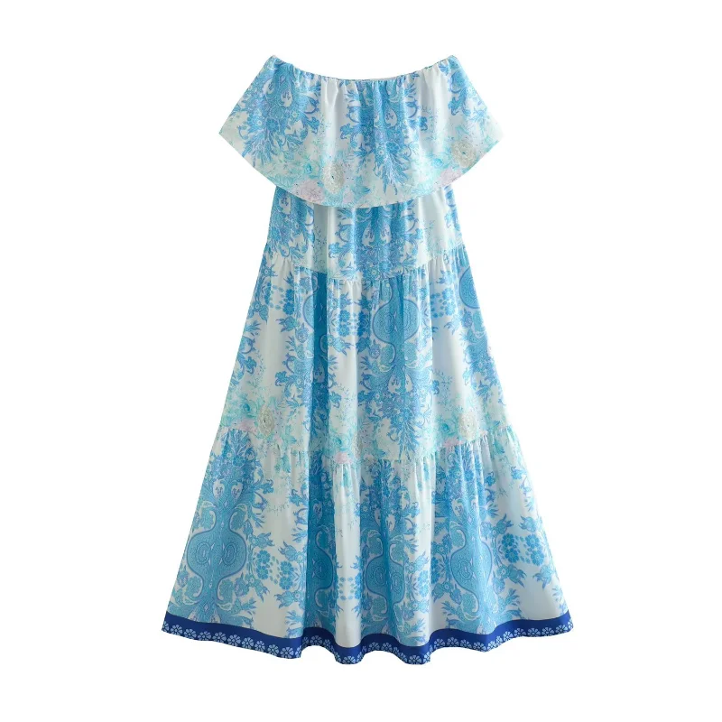 

2023 new women's European and American style positioning bandeau ruffled dress